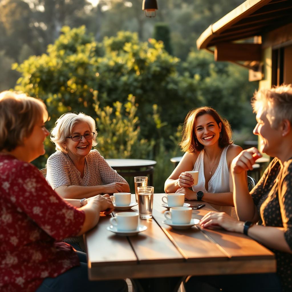 Local business owners chatting over coffee at a hinterland cafe